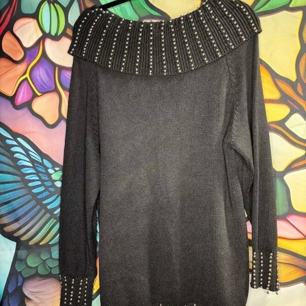 Vintage Victoria Harbour Ramie Cotton Black Mock Neck Sweater Gold Beading Large